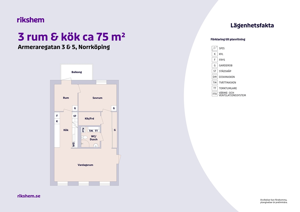 Lägenhet, 3 rooms, 75 sqm, Norrköping