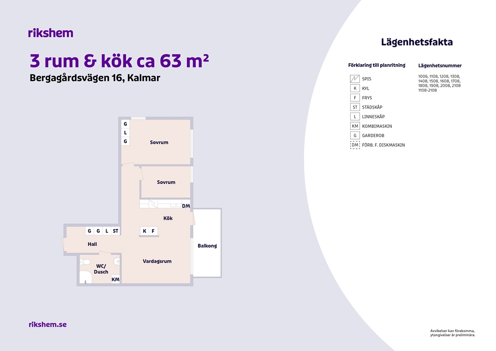 Lägenhet, 3 rooms, 63 sqm, Kalmar