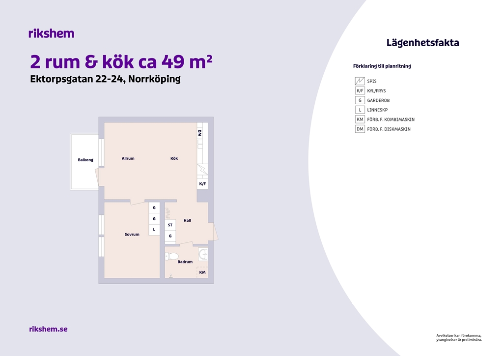 Lägenhet, 2 rooms, 49 sqm, Norrköping