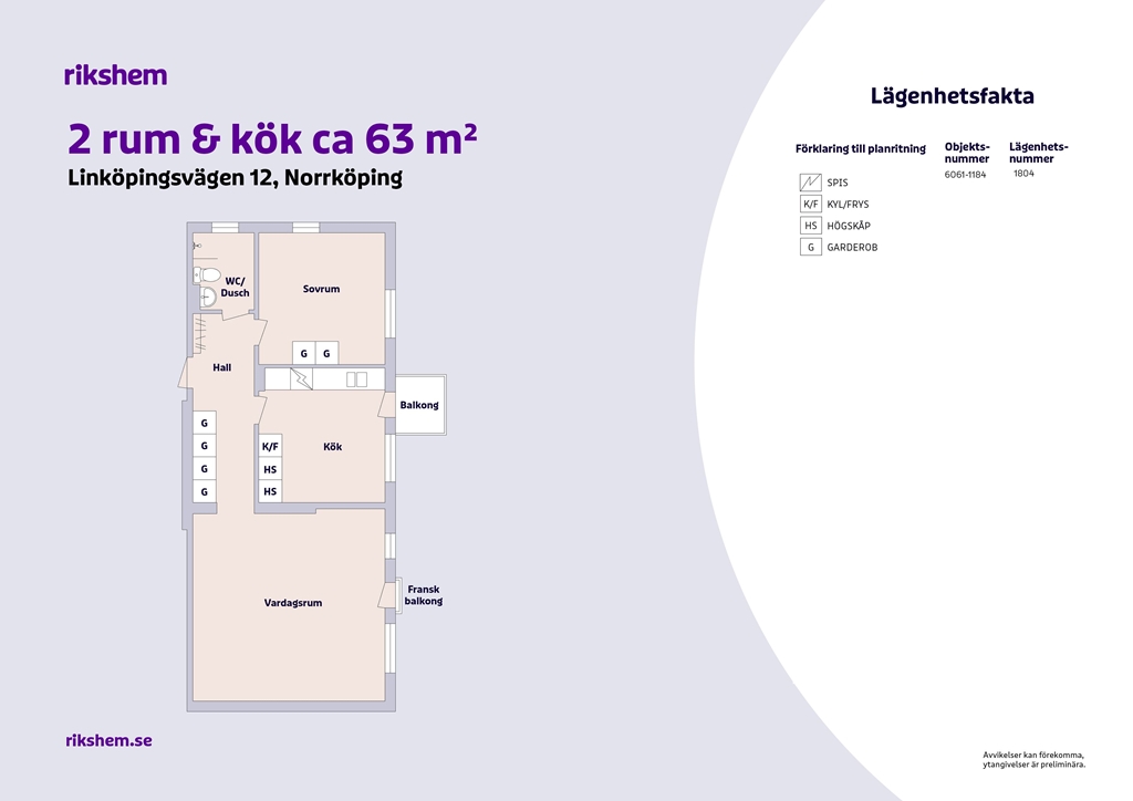 Lägenhet, 2 rooms, 63 sqm, Norrköping