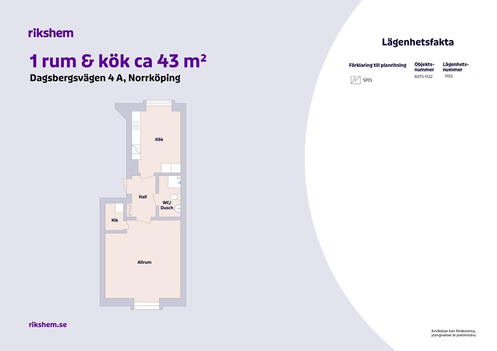 Lägenhet, 1 rooms, 43 sqm, Norrköping