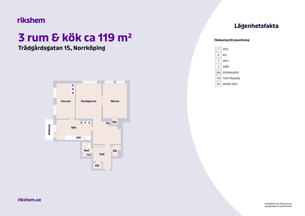 Lägenhet, 3 rooms, 119 sqm, Norrköping