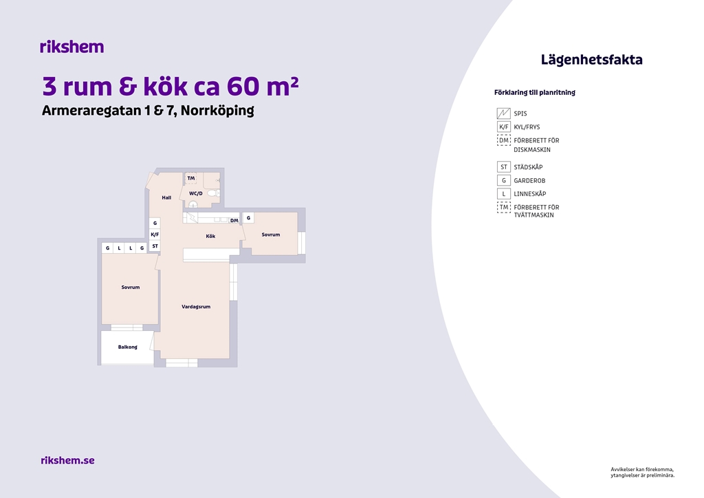 Lägenhet, 3 rooms, 60 sqm, Norrköping