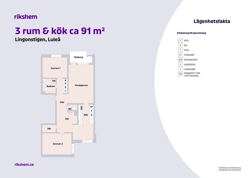 Lägenhet, 3 rooms, 91 sqm, Luleå