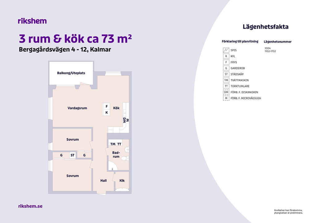 Lägenhet, 3 rooms, 73 sqm, Kalmar
