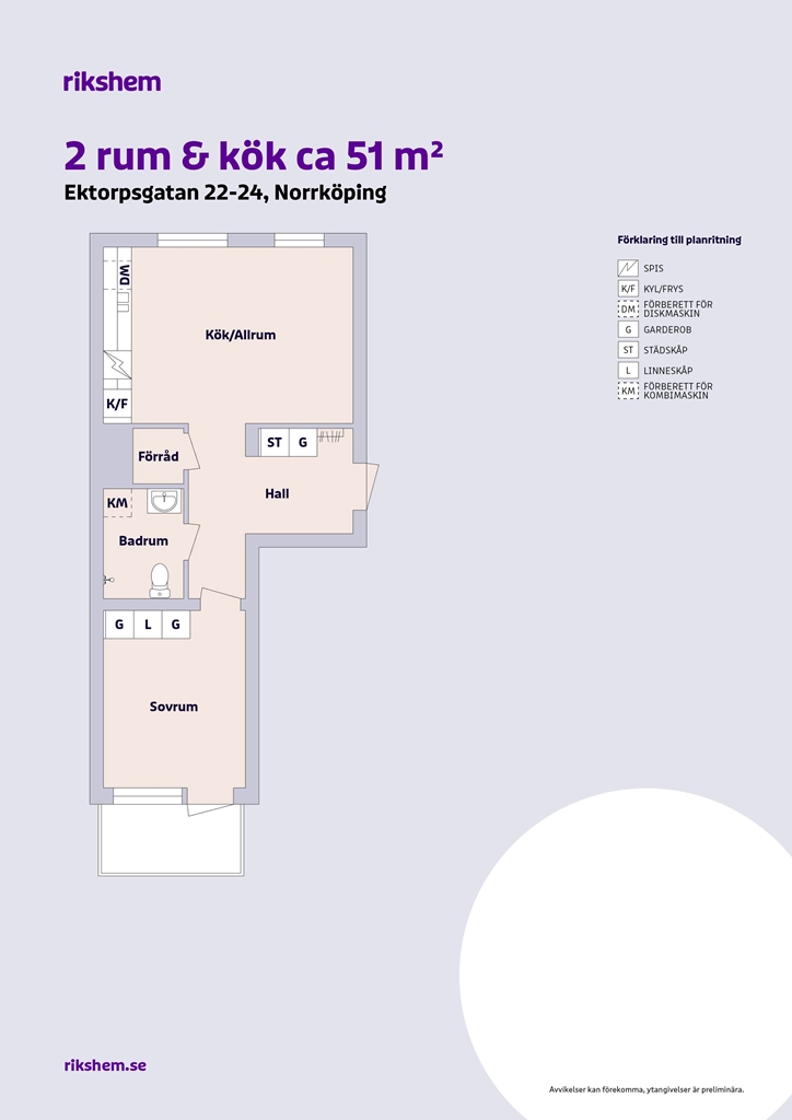 Lägenhet, 2 rooms, 51 sqm, Norrköping