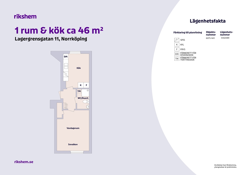Lägenhet, 1 rooms, 46 sqm, Norrköping