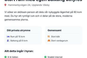 15 kvm med egen balkong i Väsby