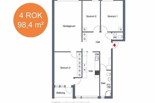 Rum i 4:a i Ryd – balkong & 2 badrum