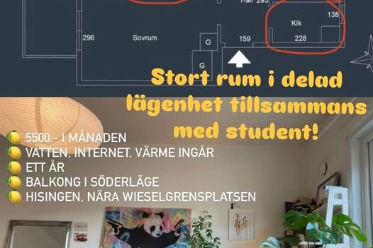Stort rum med balkong på Hisingen