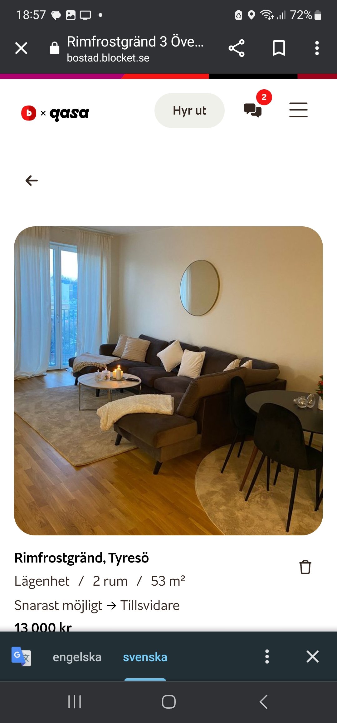 Lägenhet, 2 rooms, 53 sqm, Tyresö