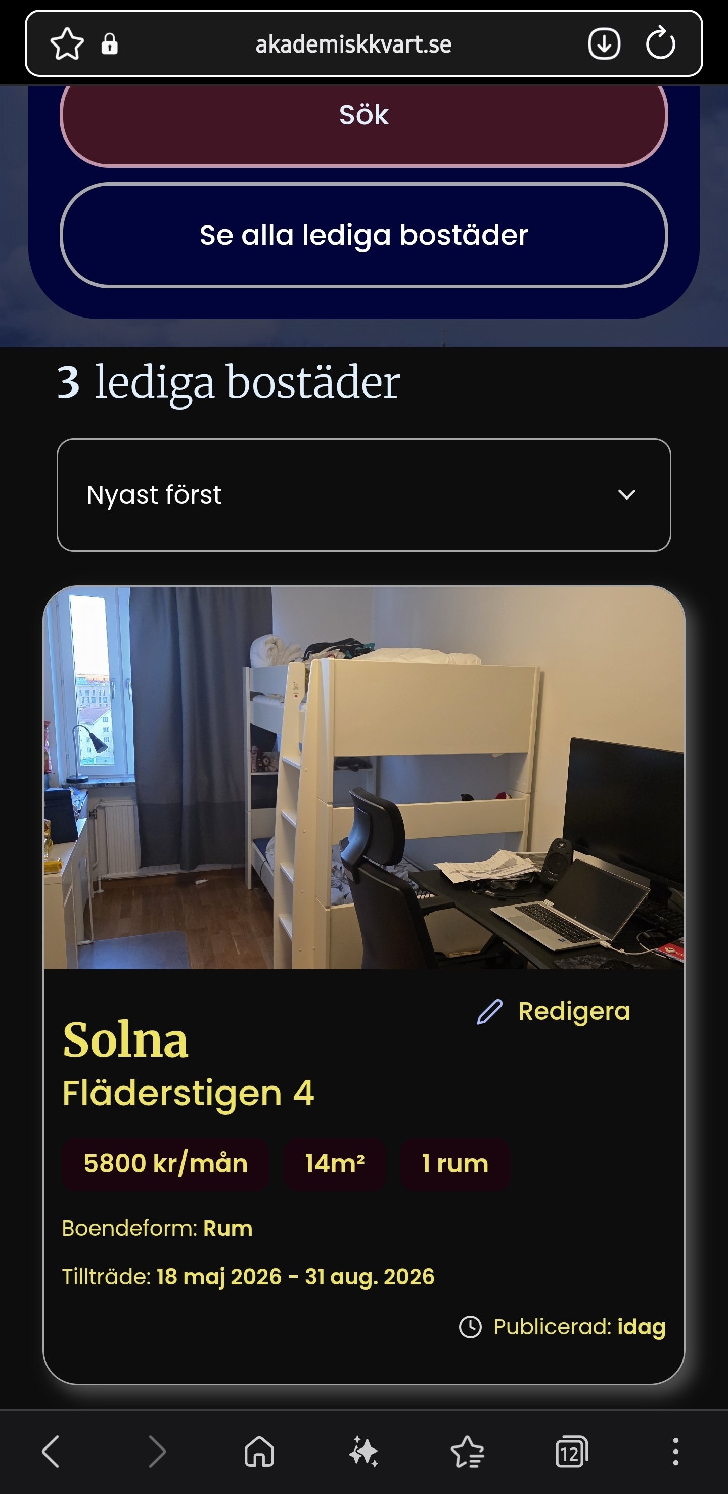 Lägenhet, 1 rooms, 14 sqm, Solna – Solna